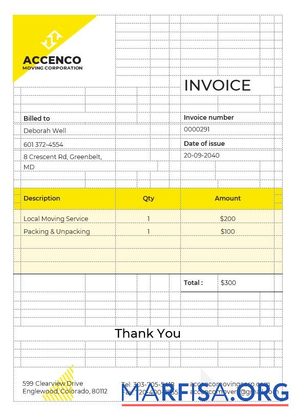 Printable Movers & Moving Company Invoice Template